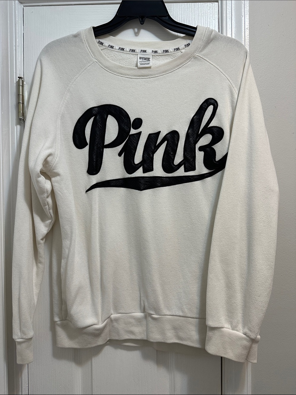 PINK Victoria's Secret Cream Crewneck Sweatshirt with Black Script Logo